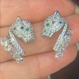 Sparkling Panther Head Crystal Earrings - Silver with Green Eyes